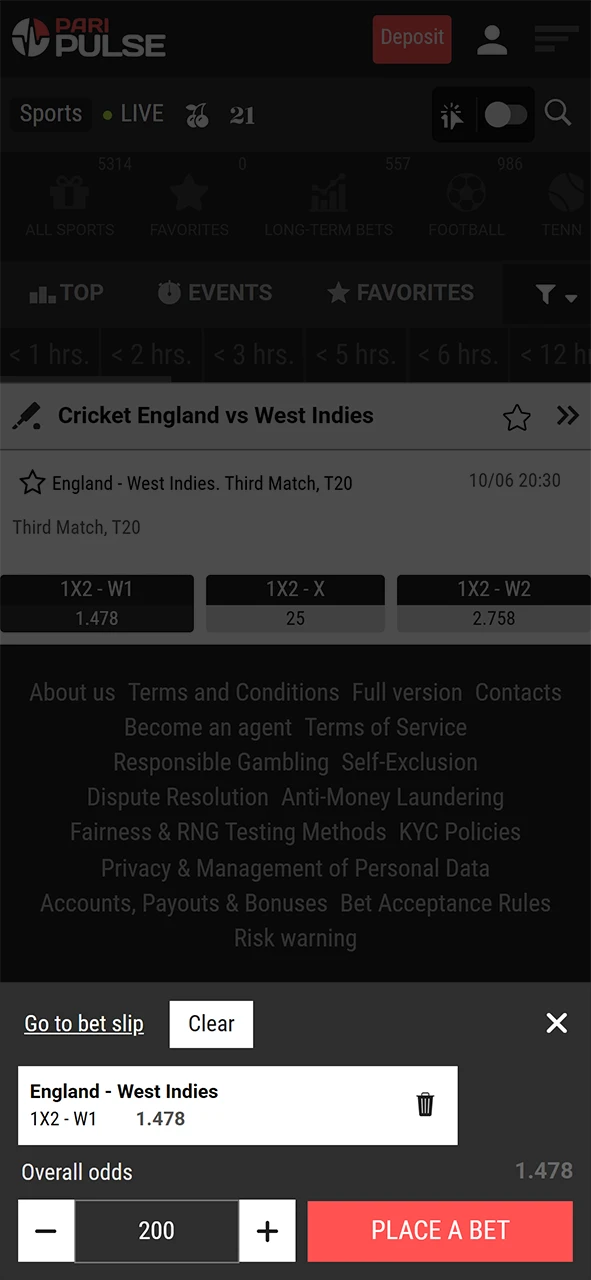 Specify the amount and confirm the bet on PariPulse.