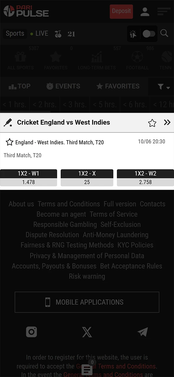 Specify the outcome of the selected match on PariPulse.